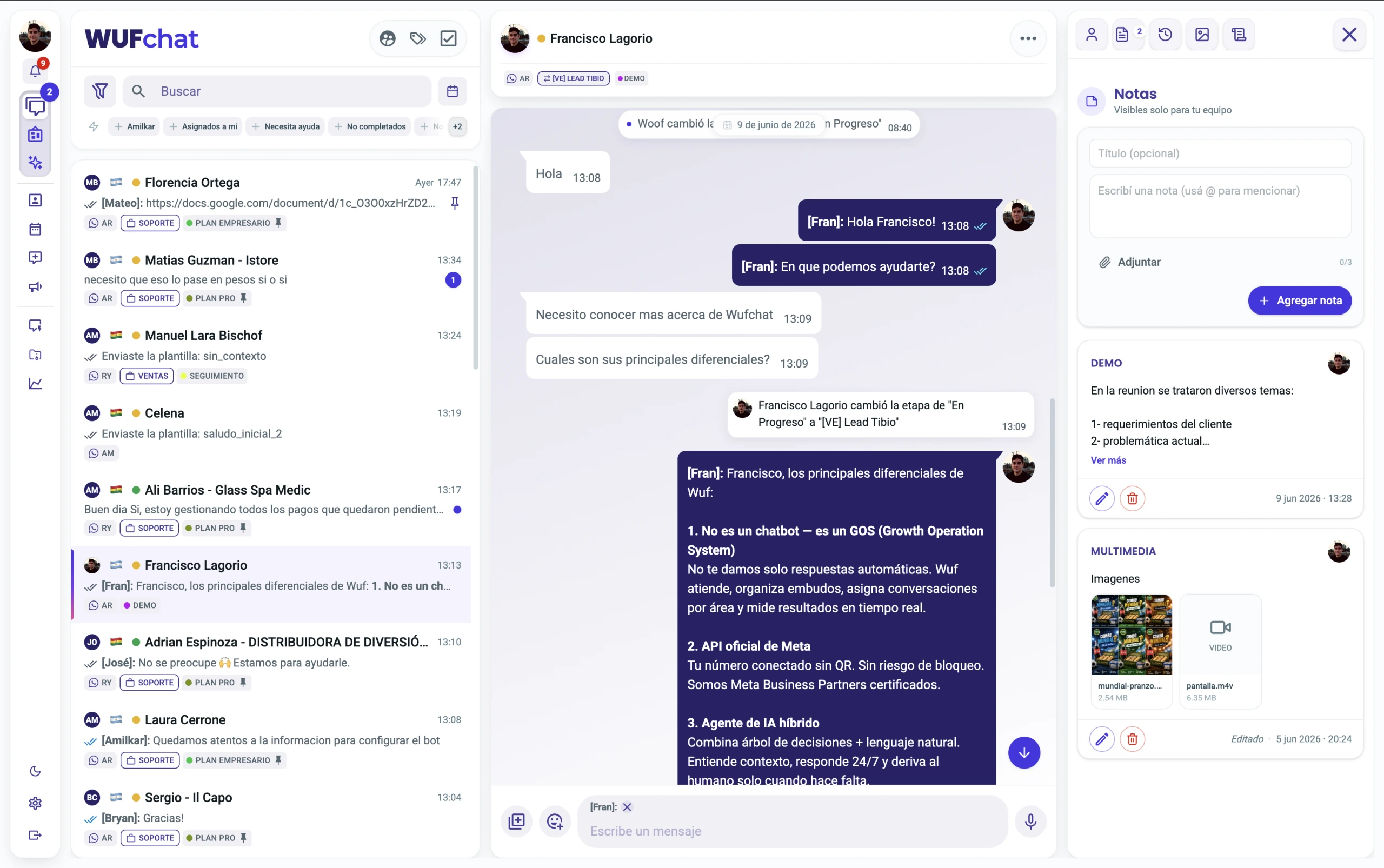 Notas internas dentro de una conversación de Wuf