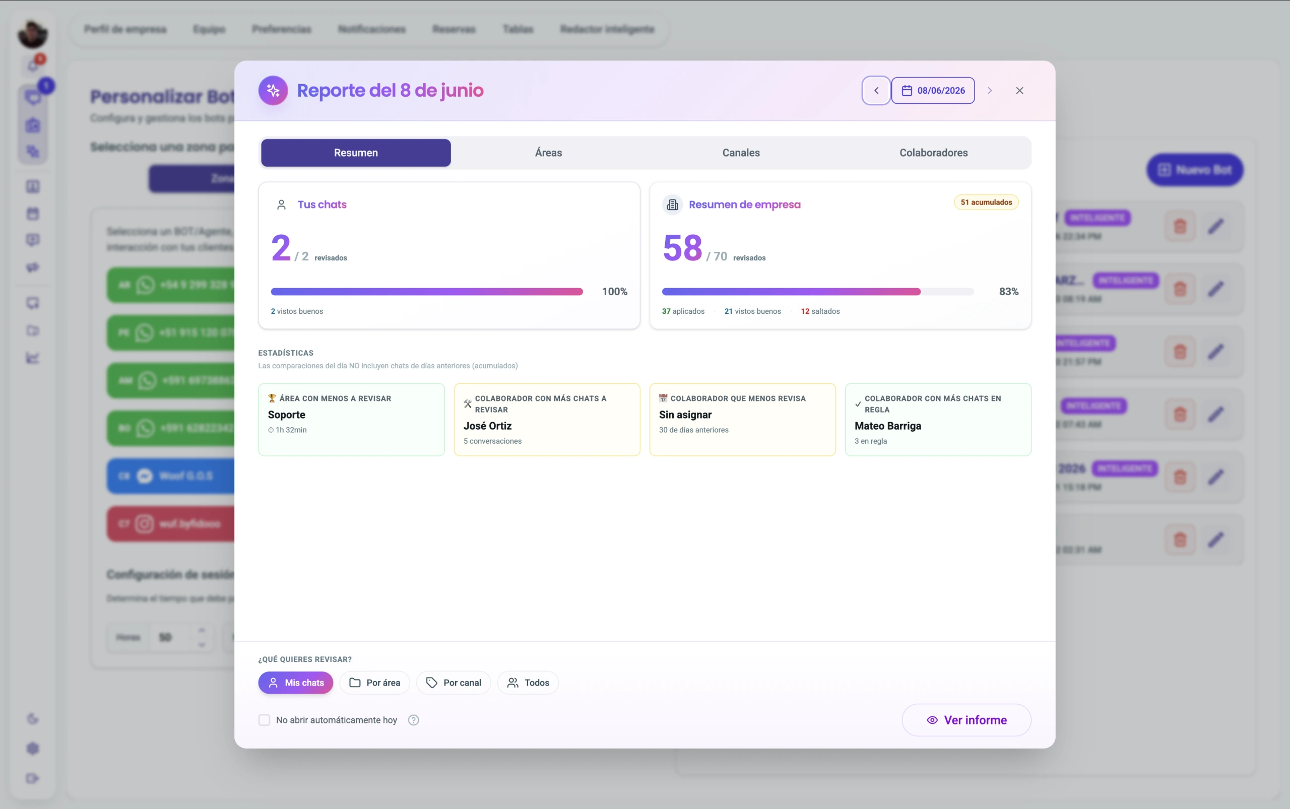 Reporte de IA diario de Wuf auditando el cumplimiento de las conversaciones