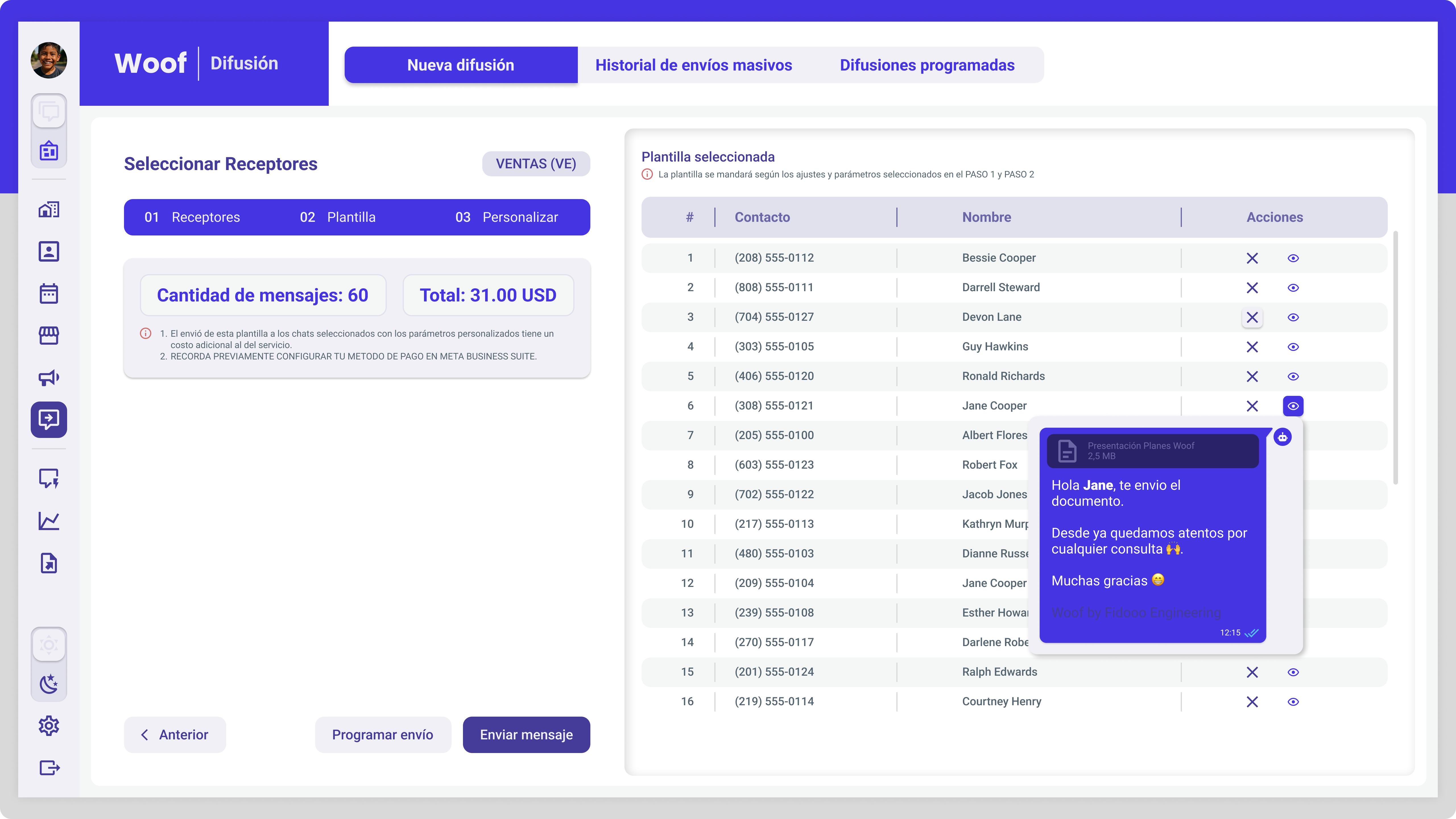 Panel de difusiones masivas de Wuf