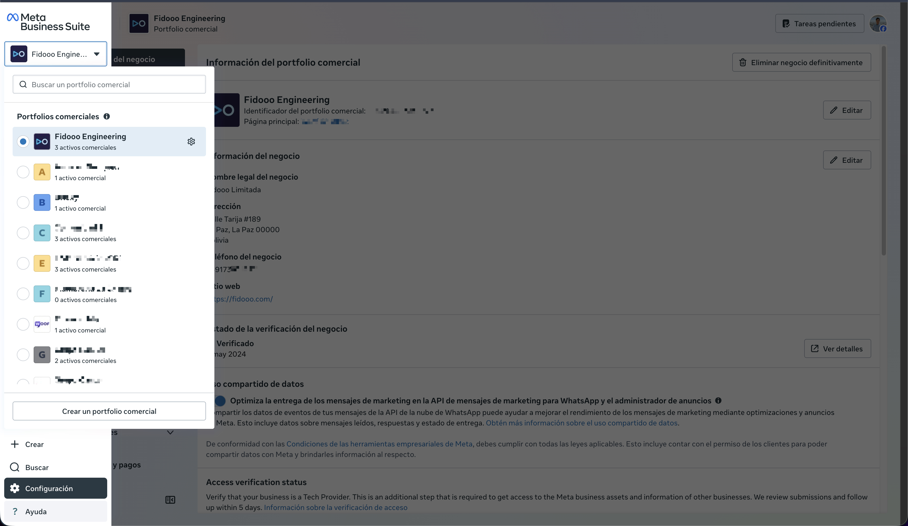 Selector de portfolio comercial en Meta Business Suite